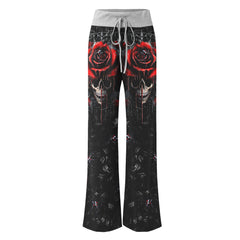 Dark Gothic Skull Rose Women's High-waisted Wide Leg Pants | Wonder Skull