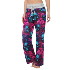 Blue Skull Rose Pink Women's High-waisted Wide Leg Pants | Wonder Skull