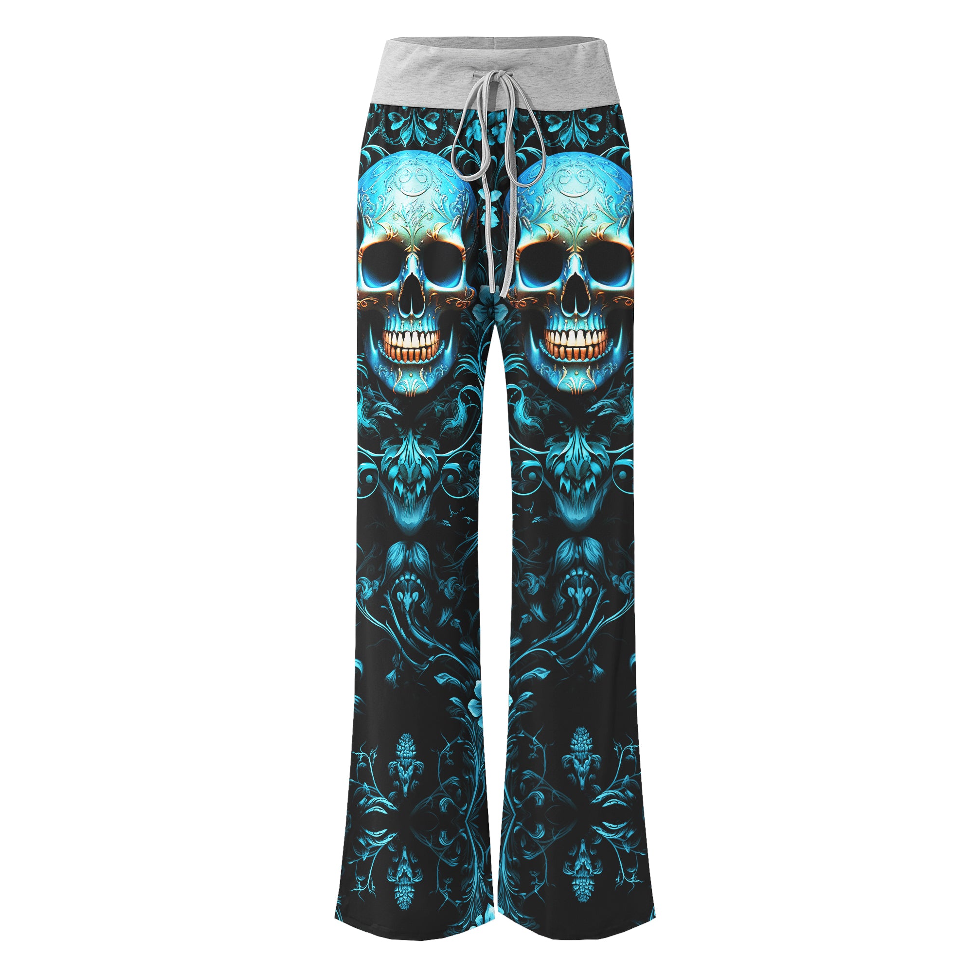 Cyan Skull Floral Gothic Women's High-waisted Wide Leg Pants | Wonder Skull