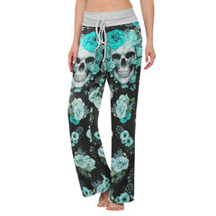 Cyan Skull Floral Art Women's High-waisted Wide Leg Pants | Wonder Skull