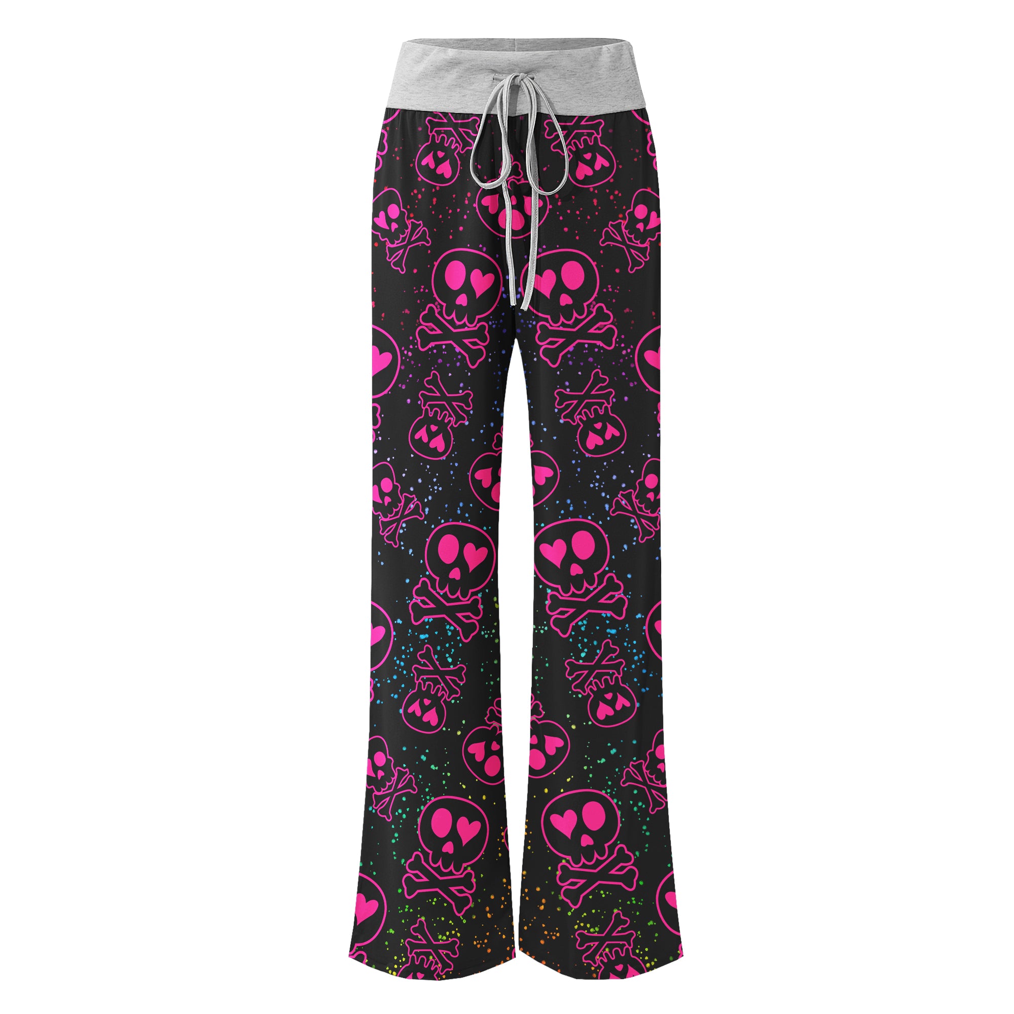 Pink Skull Love Pattern Women's High-waisted Wide Leg Pants | Wonder Skull