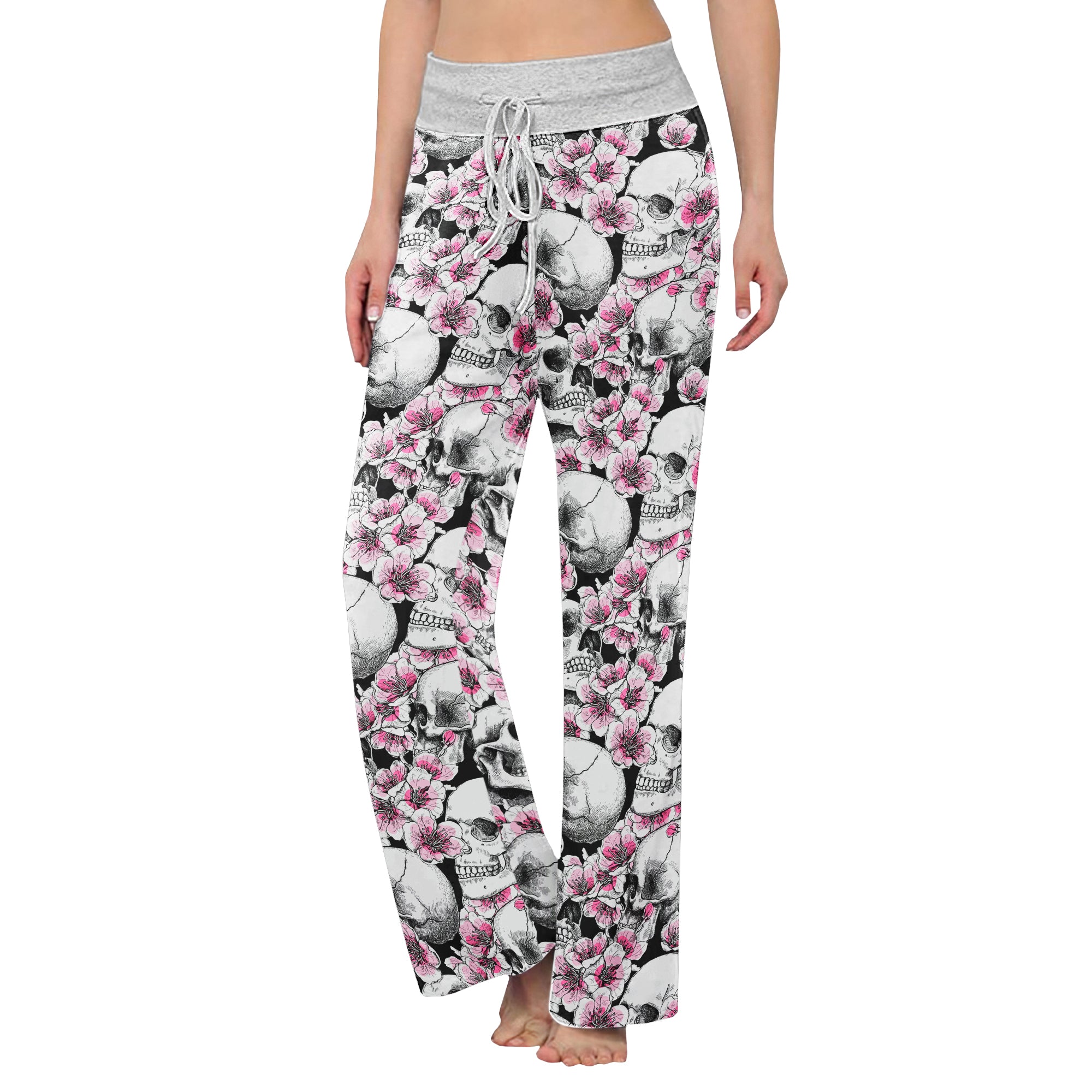 Pink Pastel Floral Skull Women's High-waisted Wide Leg Pants | Wonder Skull