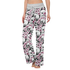 Pink Pastel Floral Skull Women's High-waisted Wide Leg Pants | Wonder Skull