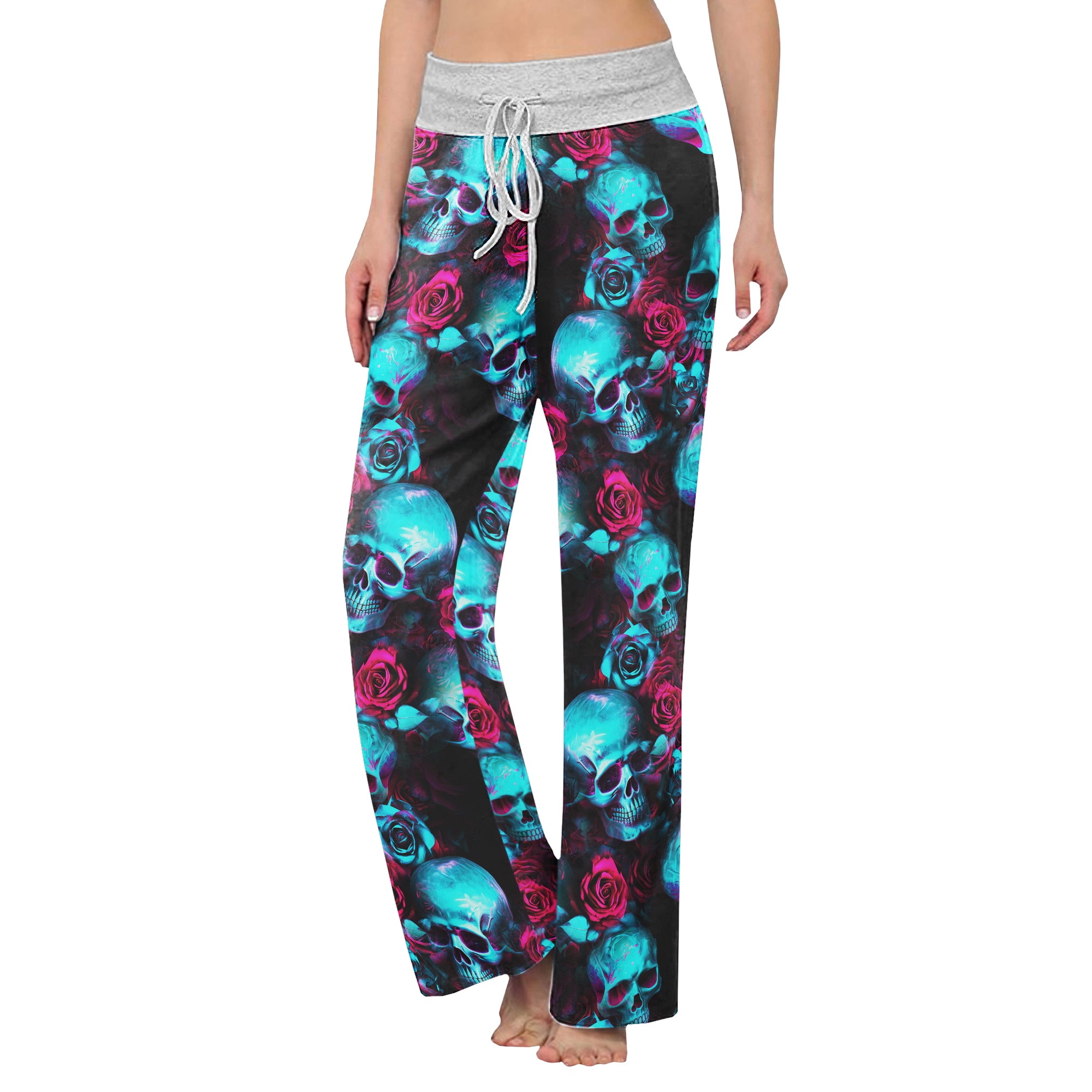 Cyan Skull Rose Gothic Women's High-waisted Wide Leg Pants | Wonder Skull