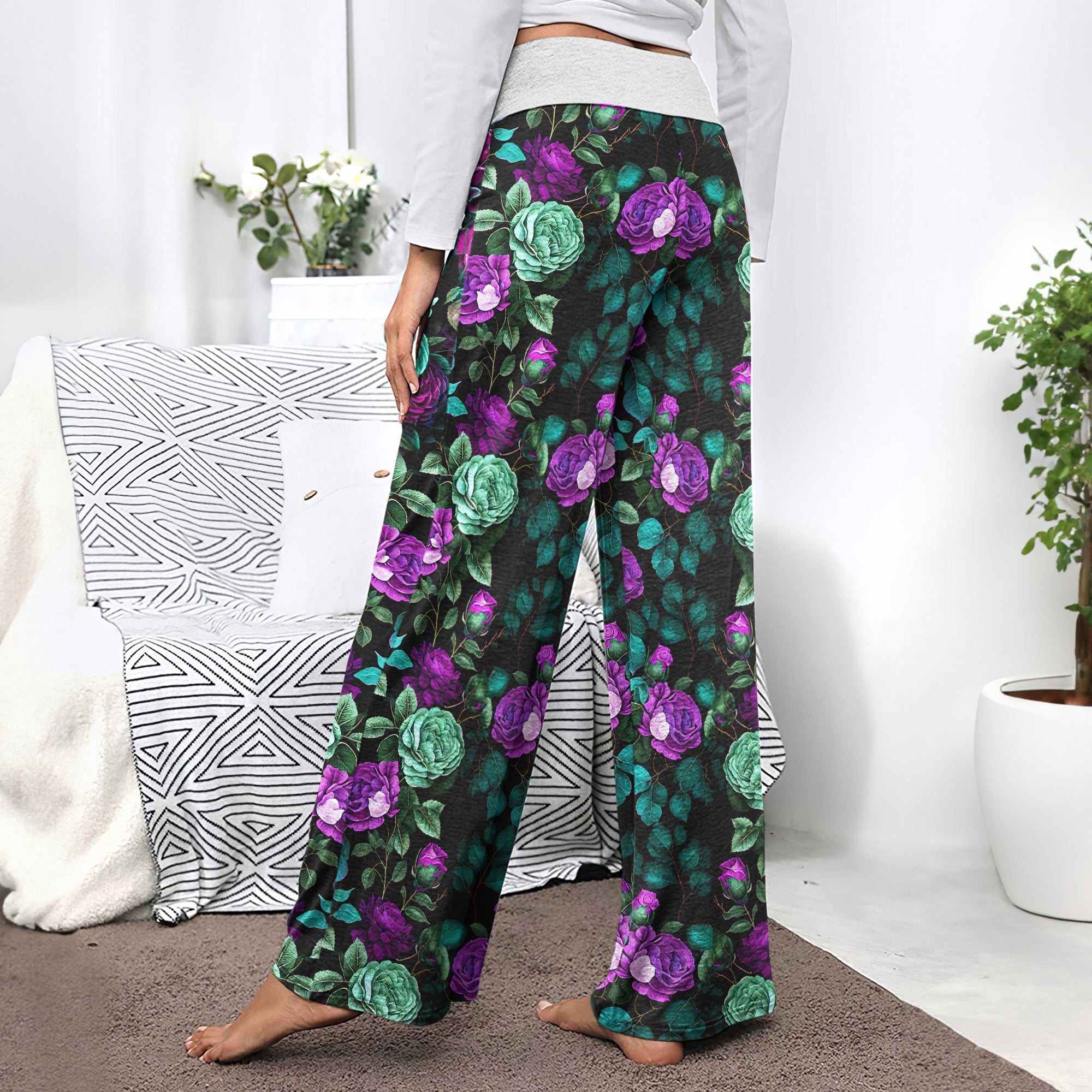 Purple Skull Flower Women's High-waisted Wide Leg Pants | Wonder Skull