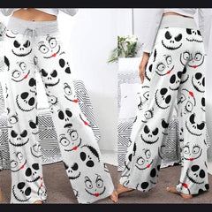 White Pajama Pants Print Drawstring Palazzo Lounge Pants Wide Leg