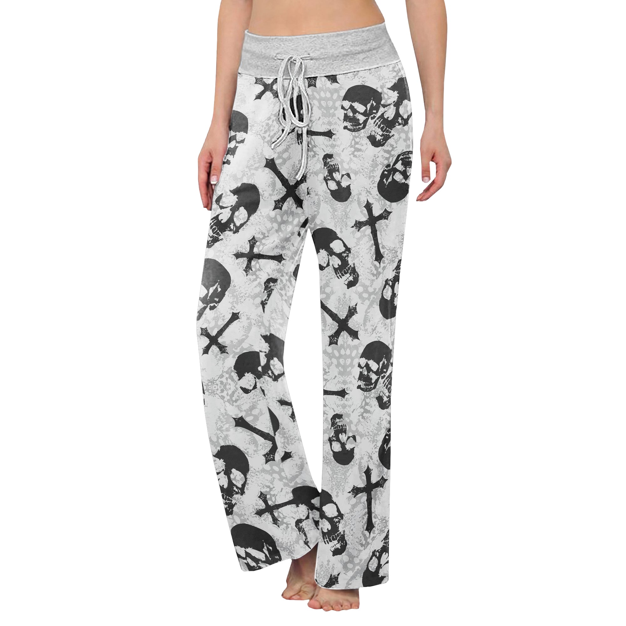 Grey Skull Cross Gothic Women's High-waisted Wide Leg Pants | Wonder Skull