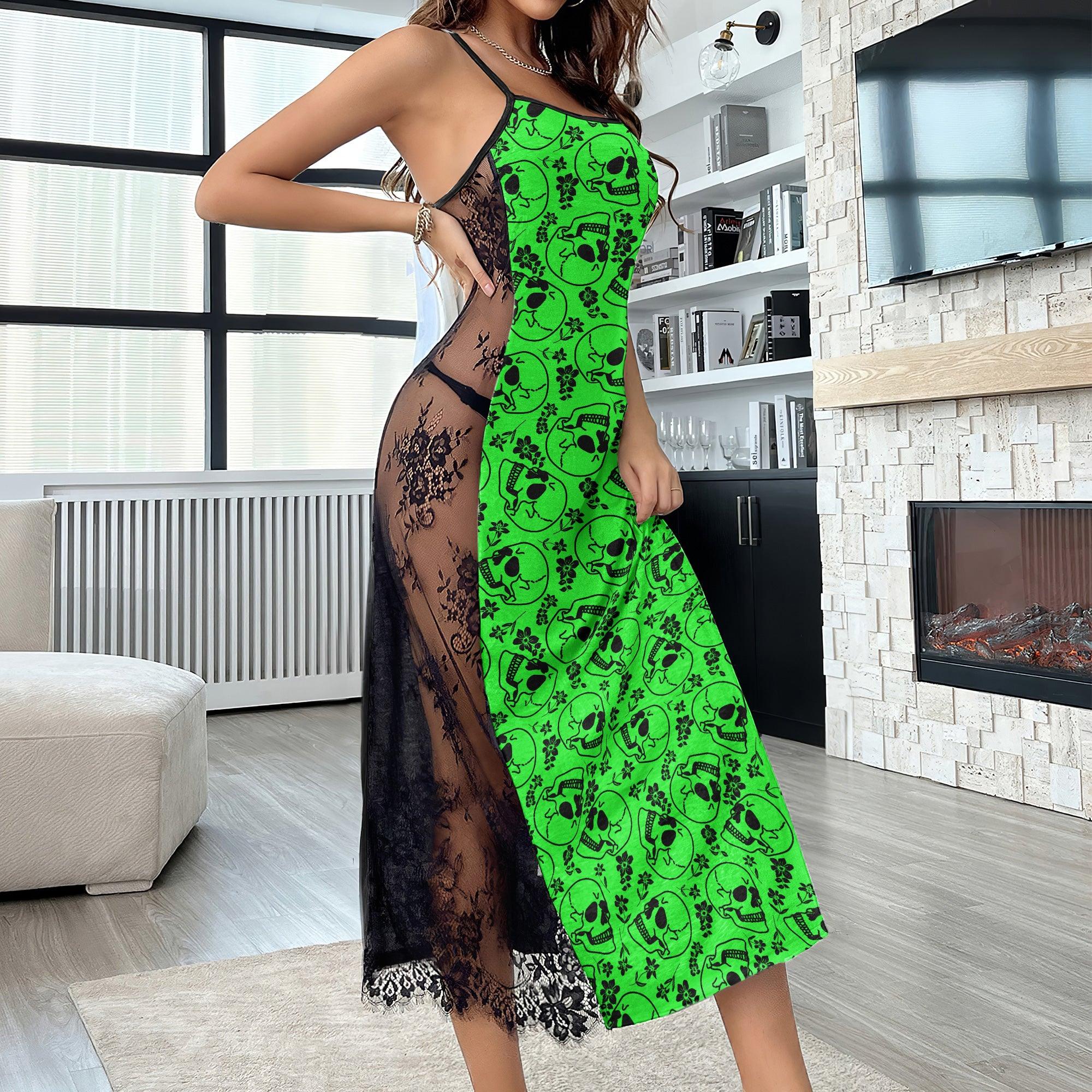 Green Saphire Skull Rose Pattern Women's Lace Cami Sleepwear | Gothic, Punkrock, Lingerie for Women