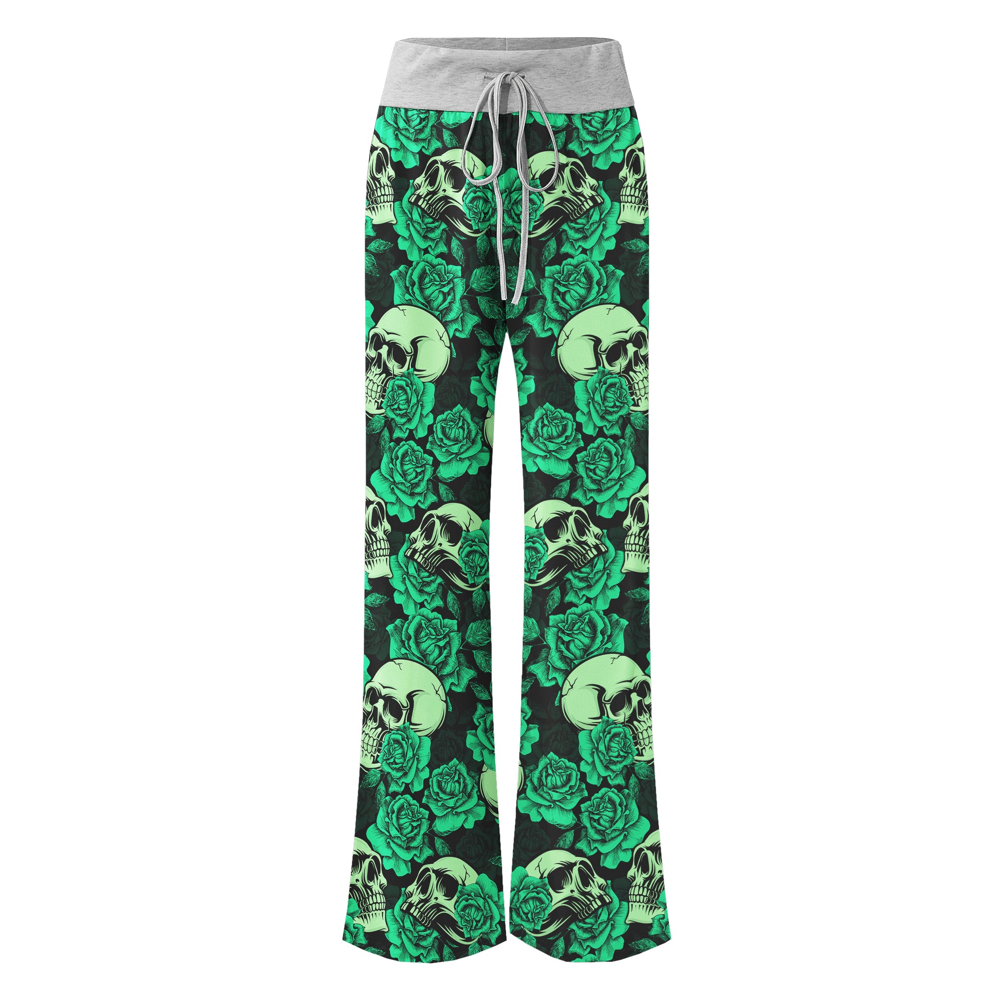 Gothic Green Pastel Skull Rose Women's High-waisted Wide Leg Pants | Wonder Skull