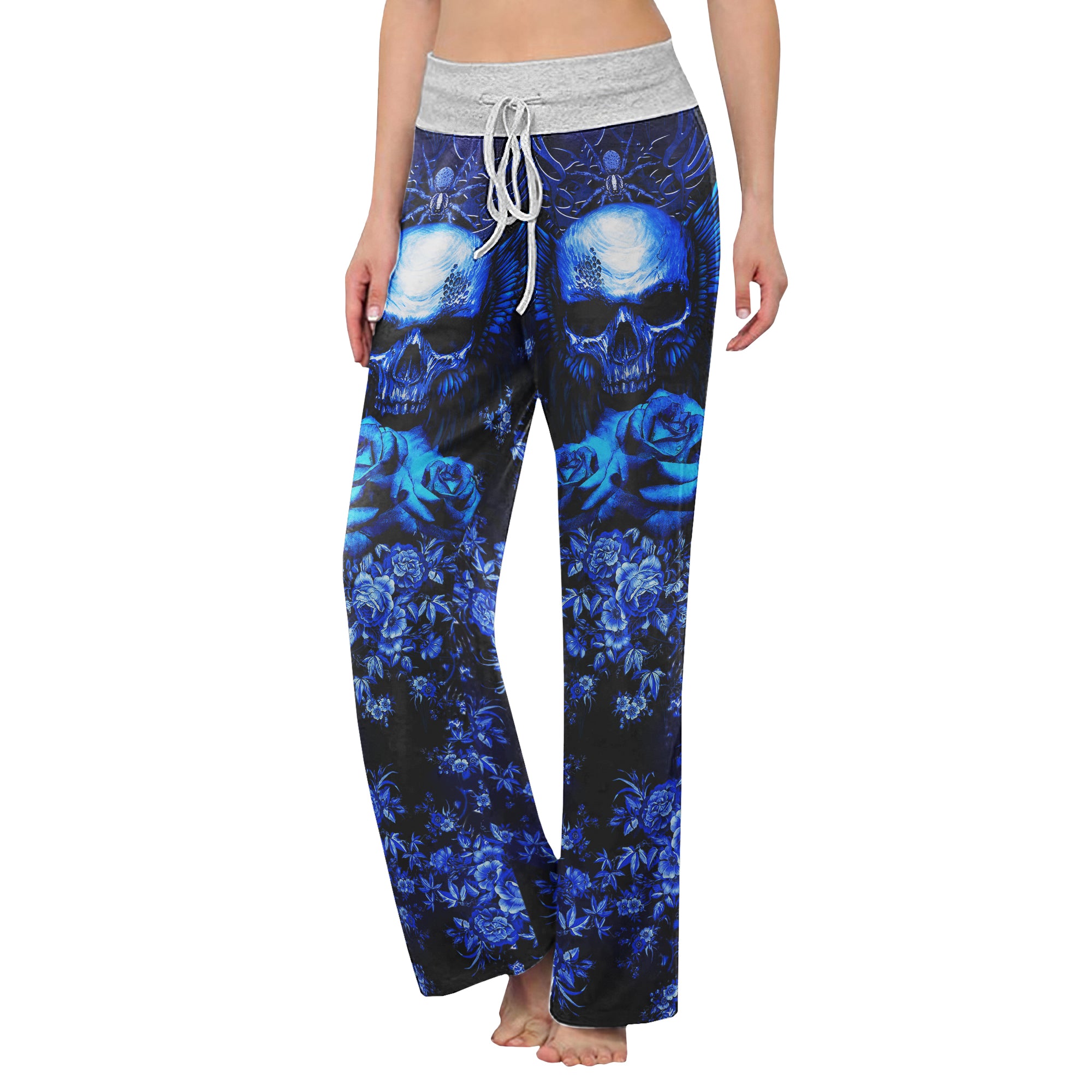 Dark Blue Skull Gothic Women's High-waisted Wide Leg Pants | Wonder Skull