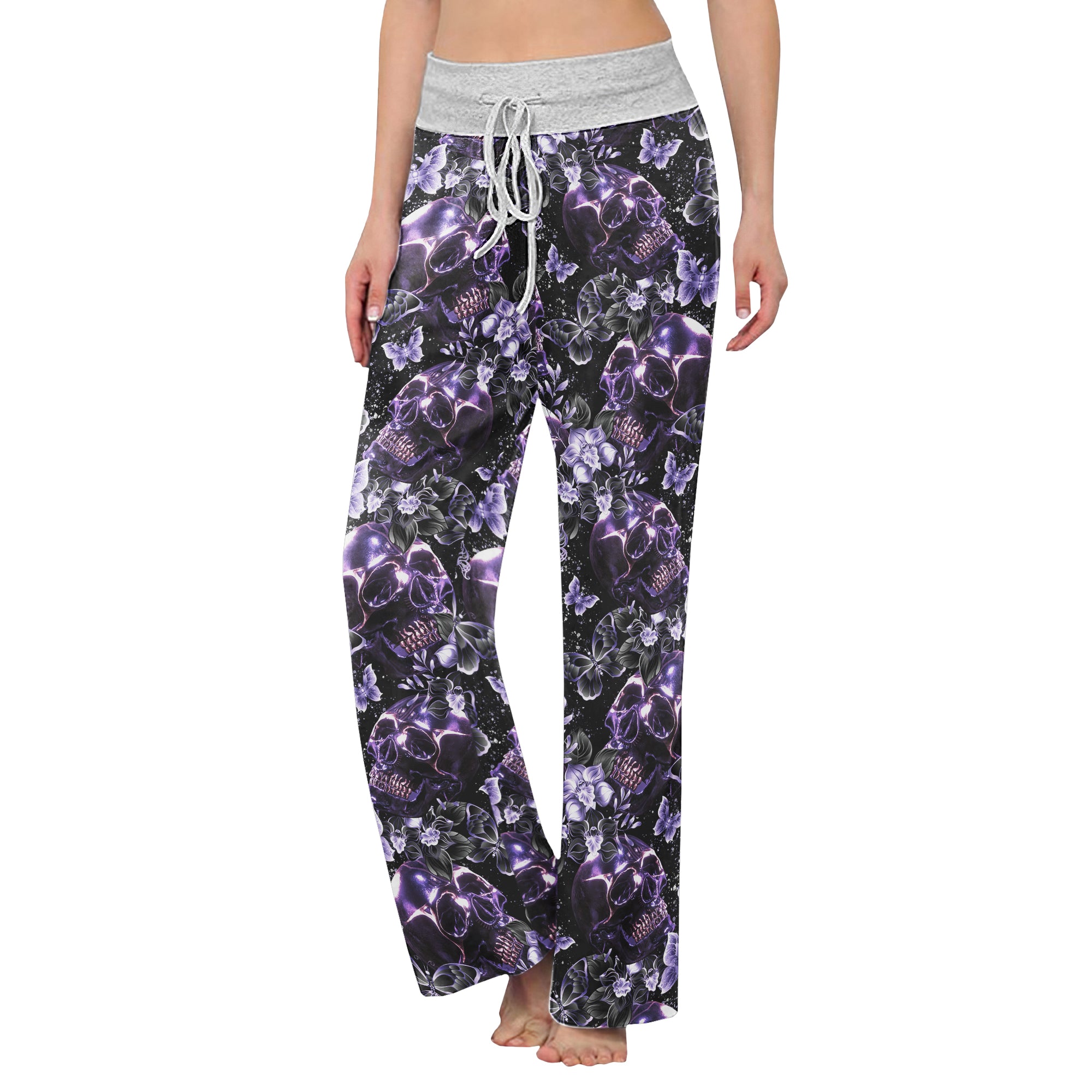 Dark Violet Skull Floral Women's High-waisted Wide Leg Pants | Wonder Skull