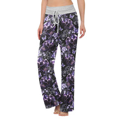 Dark Violet Skull Floral Women's High-waisted Wide Leg Pants | Wonder Skull