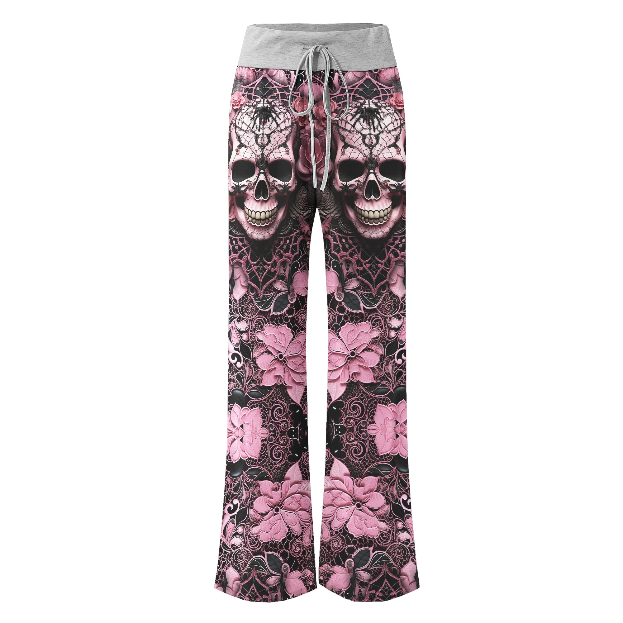 Black Pink Skull Lace Women's High-waisted Wide Leg Pants | Wonder Skull