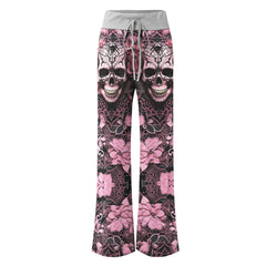 Black Pink Skull Lace Women's High-waisted Wide Leg Pants | Wonder Skull