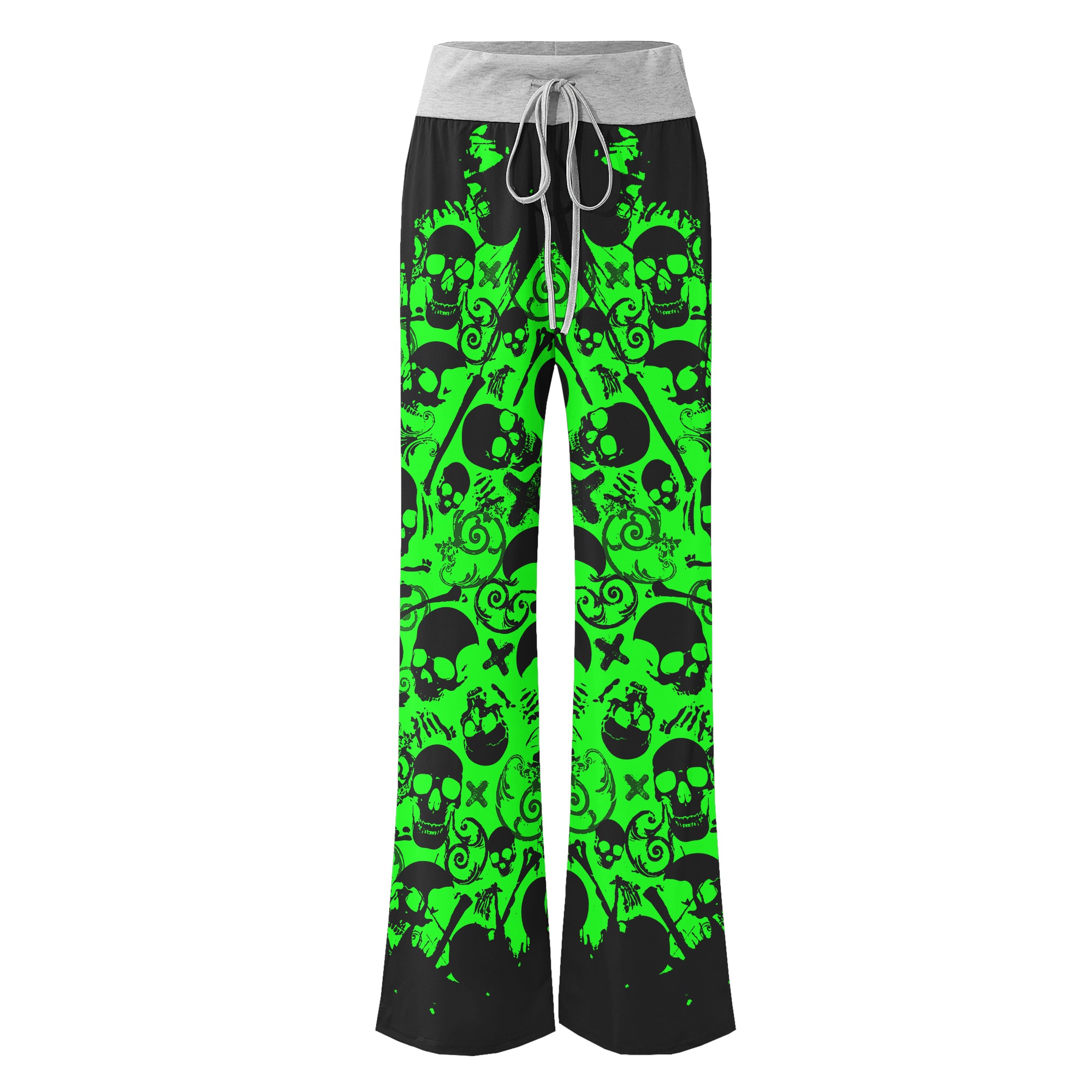 Black Green Skull Pattern Women's High-waisted Wide Leg Pants | Wonder Skull