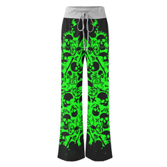 Black Green Skull Pattern Women's High-waisted Wide Leg Pants | Wonder Skull