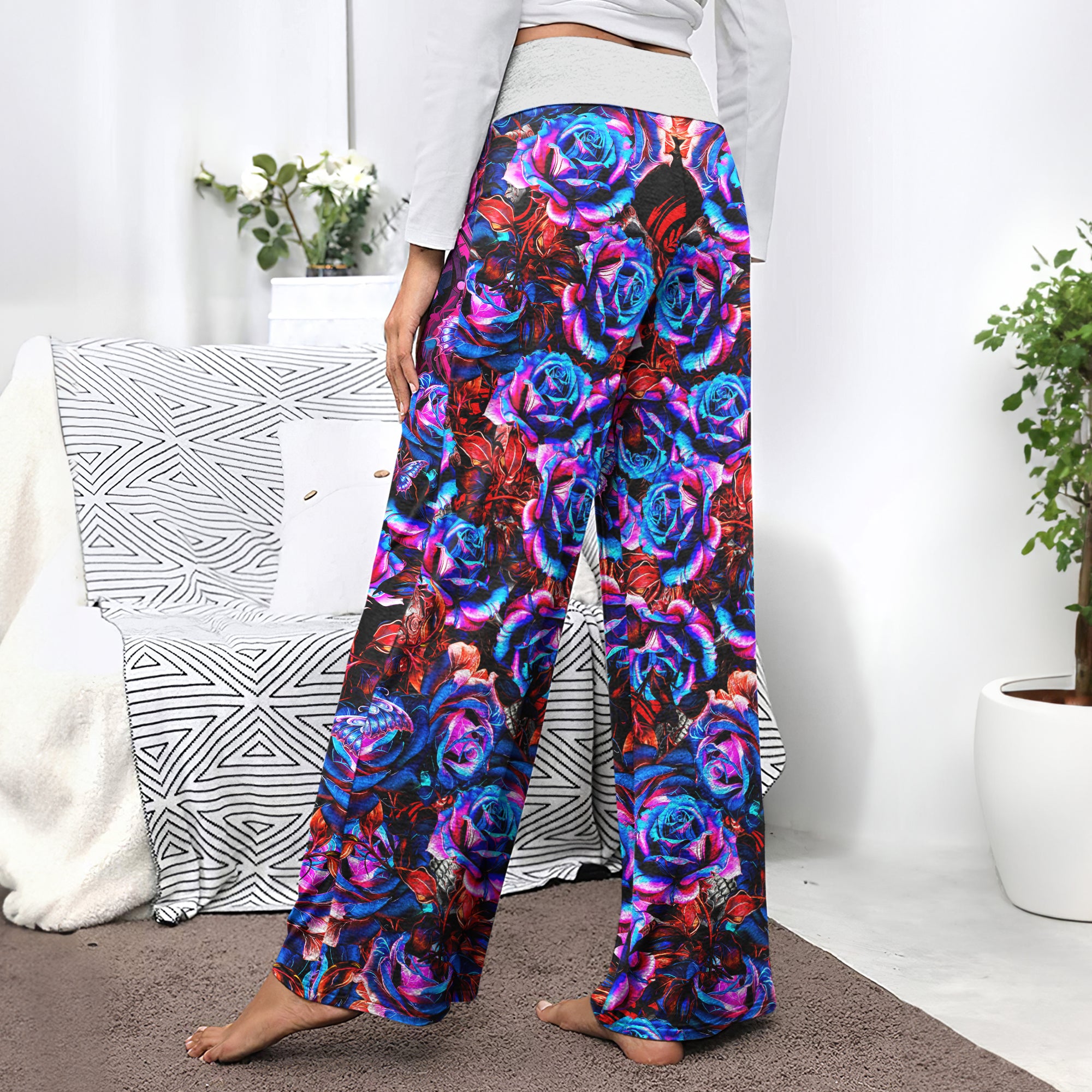 Nightmare Rose Art Women's High-waisted Wide Leg Pants | Wonder Skull