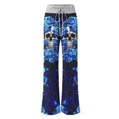 Blue Skull Rose Art Women's High-waisted Wide Leg Pants | Wonder Skull