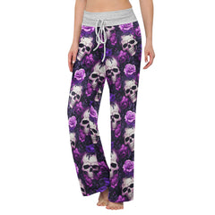Purple Skull Floral Women's High-waisted Wide Leg Pants | Wonder Skull