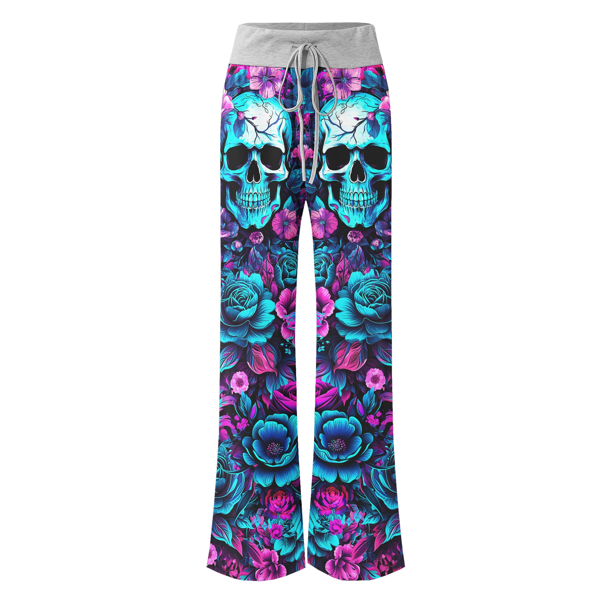 Pink Cyan Skull Floral Women's High-waisted Wide Leg Pants | Wonder Skull