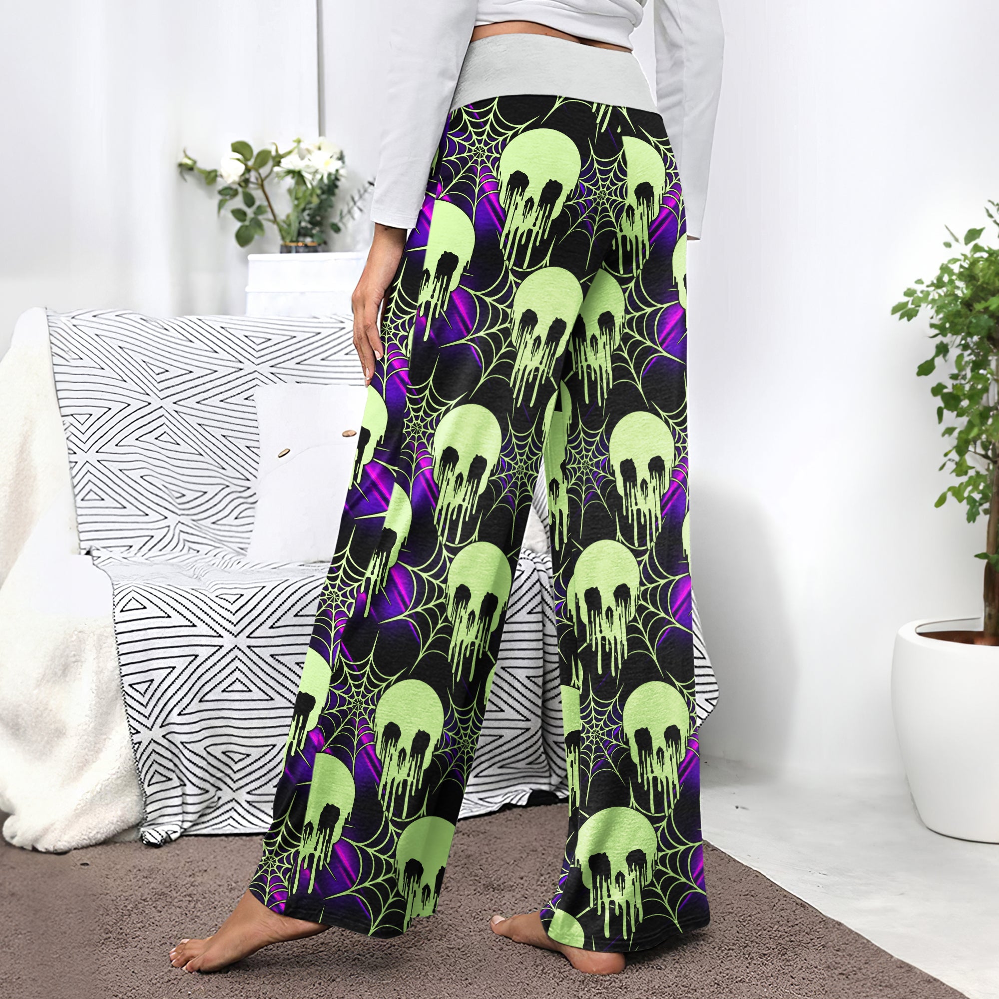 Green Skull Melting Women's High-waisted Wide Leg Pants | Wonder Skull