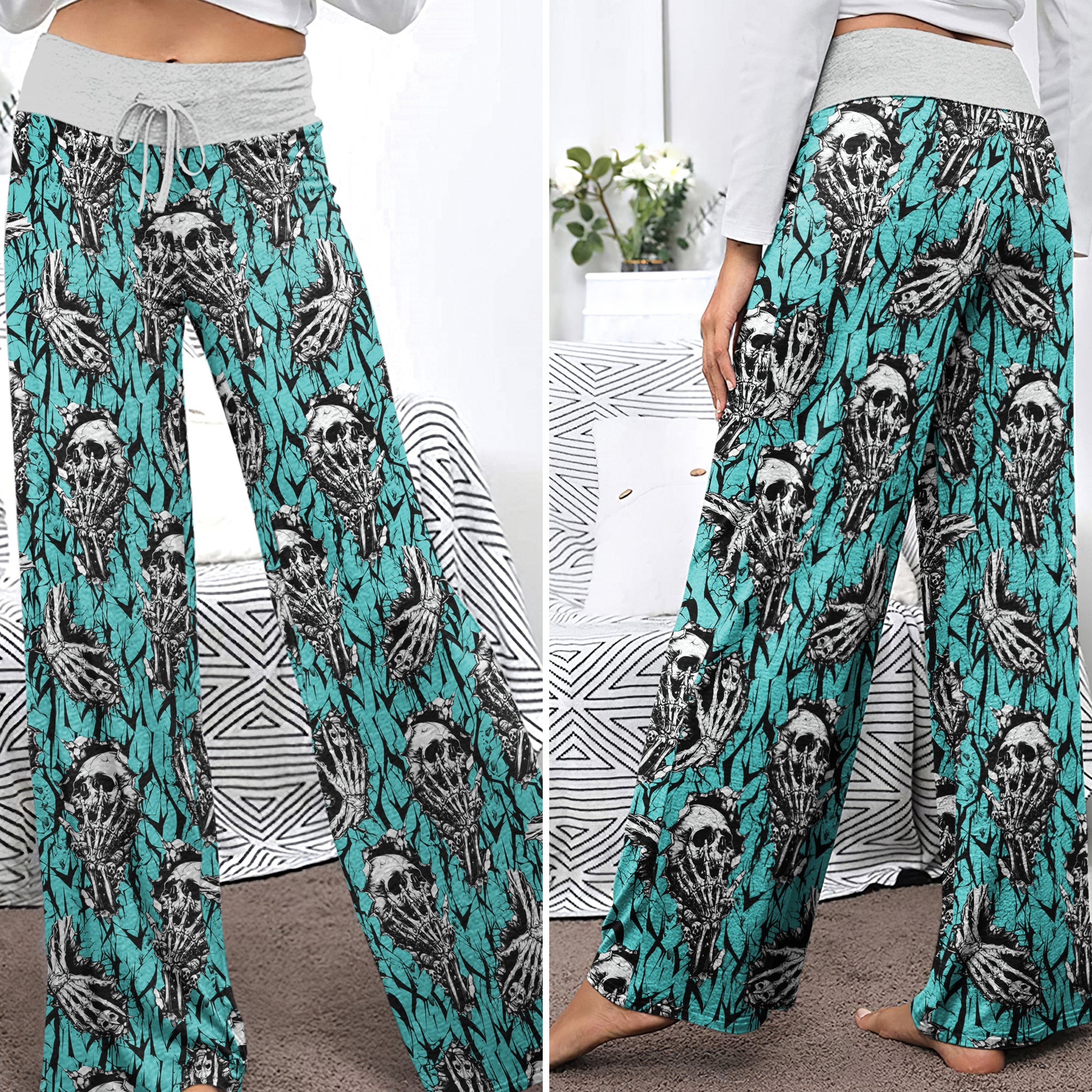 Cyan Skull Pattern Women's High-waisted Wide Leg Pants | Wonder Skull