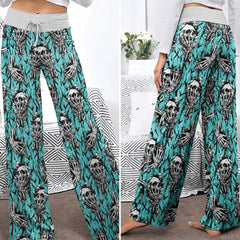 Cyan Skull Pattern Women's High-waisted Wide Leg Pants | Wonder Skull