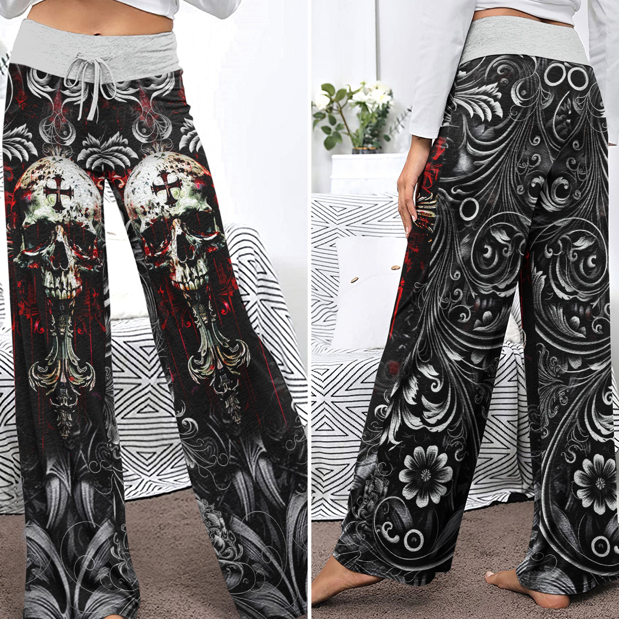 Red Cross Skull Art Women's High-waisted Wide Leg Pants | Wonder Skull
