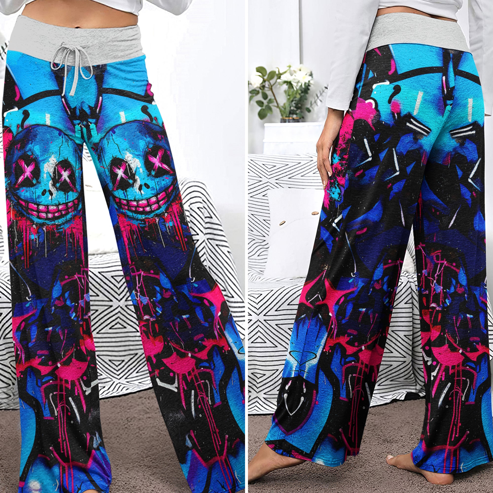 Blue Scary Graffiti Art Women's High-waisted Wide Leg Pants | Wonder Skull