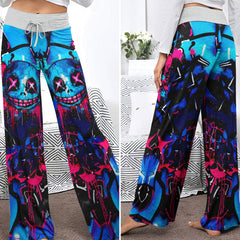 Blue Scary Graffiti Art Women's High-waisted Wide Leg Pants | Wonder Skull