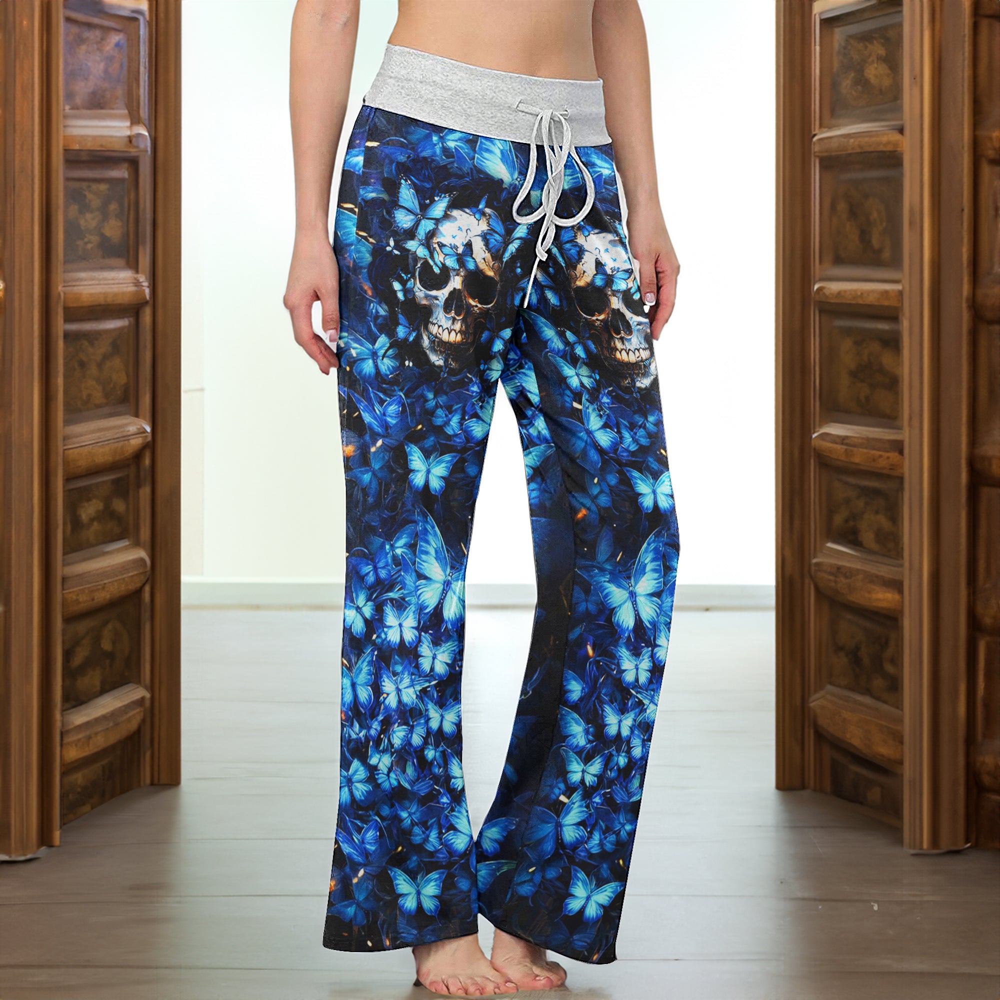 Blue Skull Butterfly Women's High-waisted Wide Leg Pants | Wonder Skull