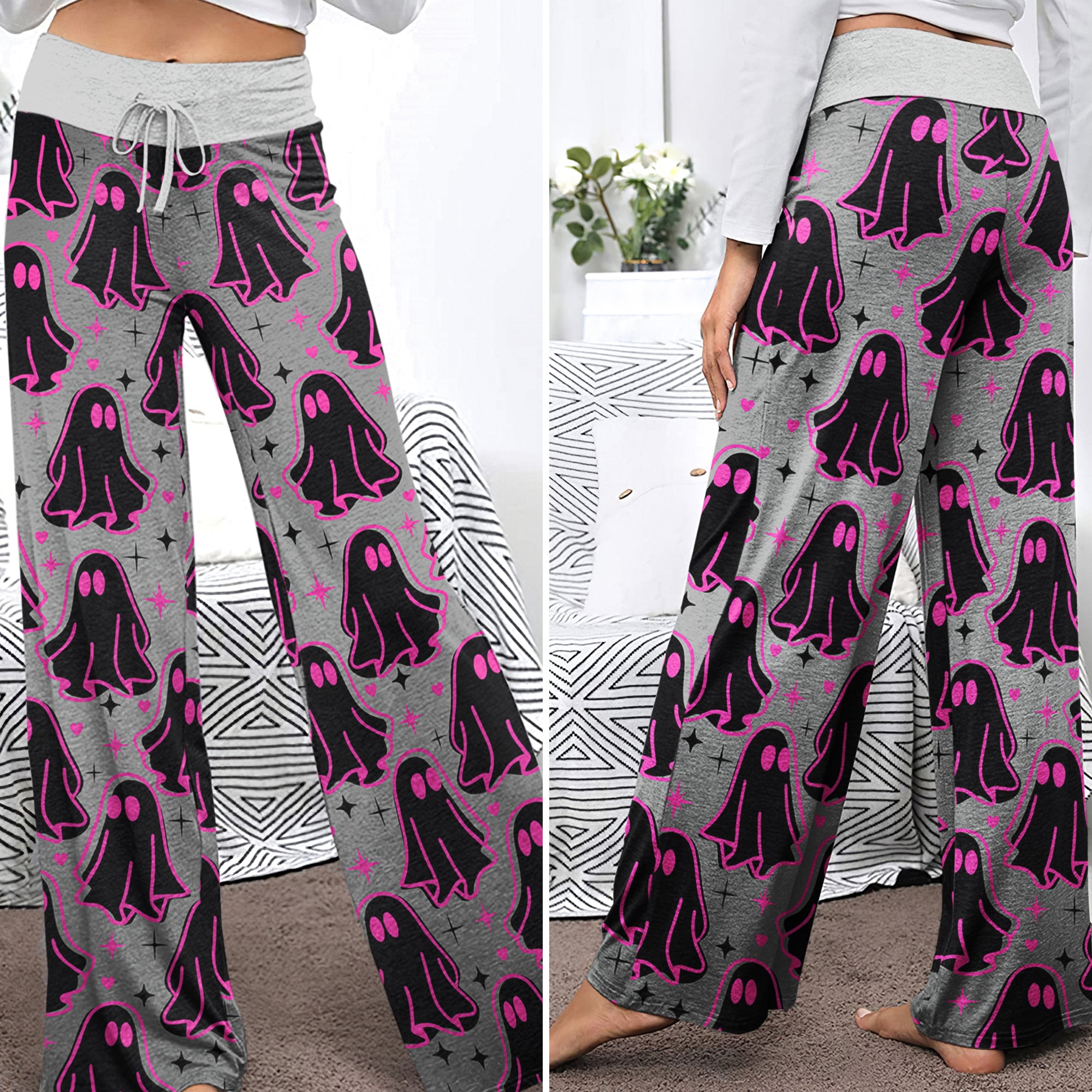 Pink Boo Pattern Women's High-waisted Wide Leg Pants | Wonder Skull