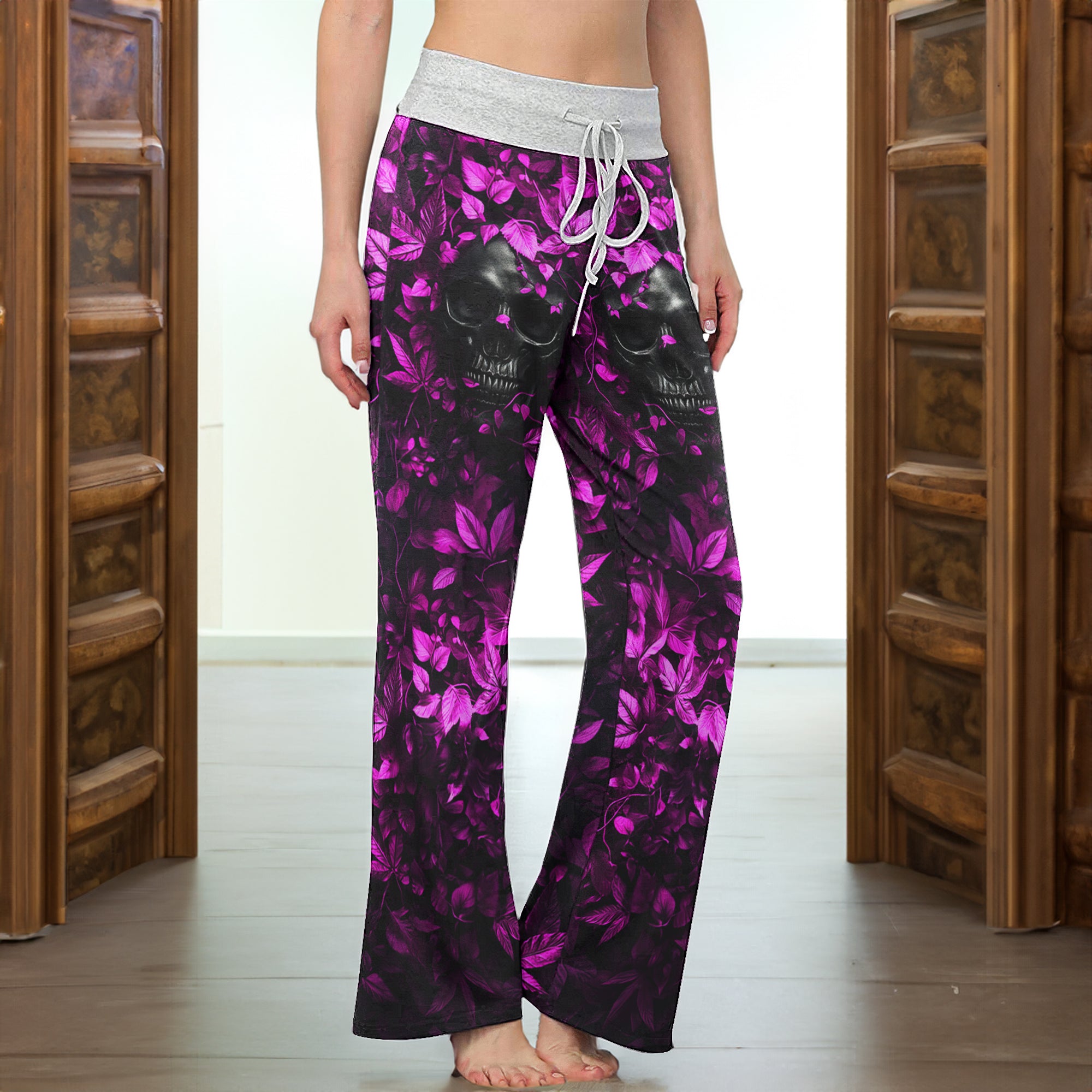 Pink Leaf Skull Art Women's High-waisted Wide Leg Pants | Wonder Skull