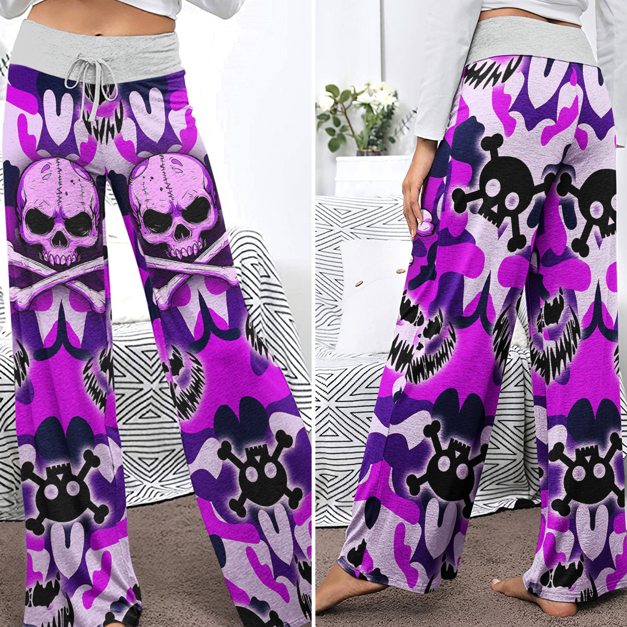 Purple Camo Skull Art Women's High-waisted Wide Leg Pants | Wonder Skull