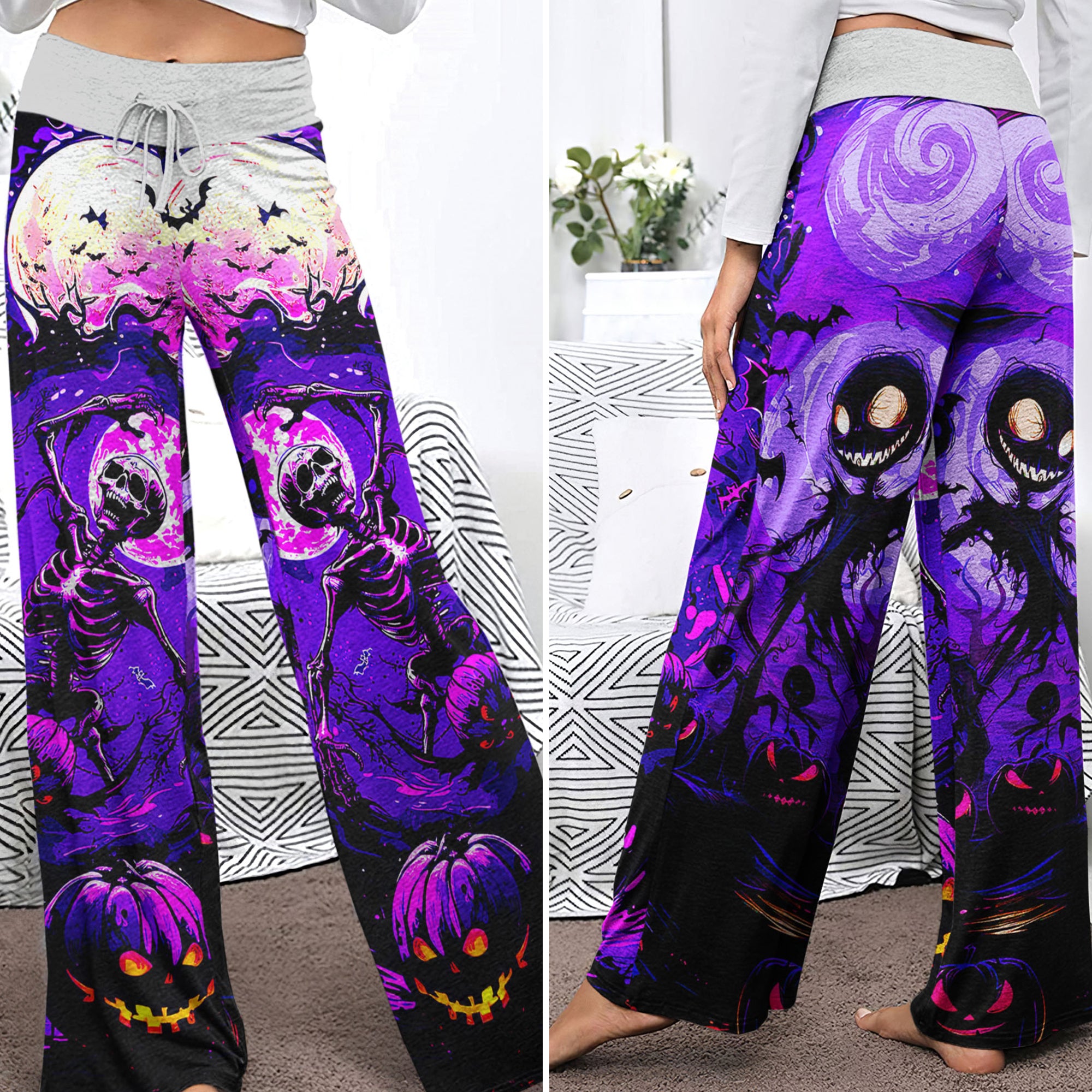 Purple Dance Skeleton Women's High-waisted Wide Leg Pants | Wonder Skull