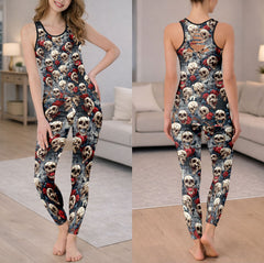 Floral Skull Rose Pattern Tanktop and Leggings