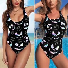 One Piece Bikini Dark Skull Pattern Print Swimwear