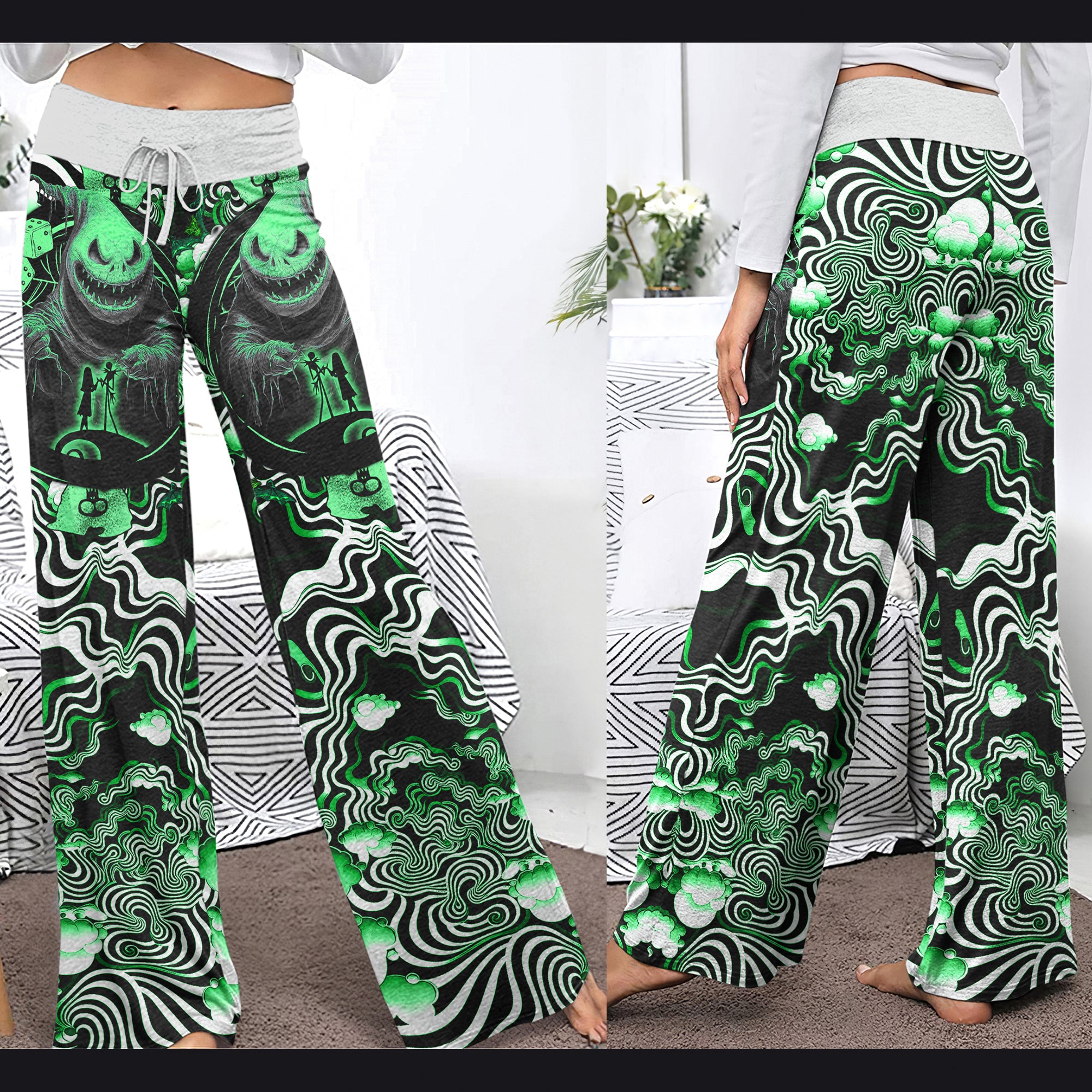 Green Nightmare Art Effect Women's High-waisted Wide Leg Pants | Wonder Skull