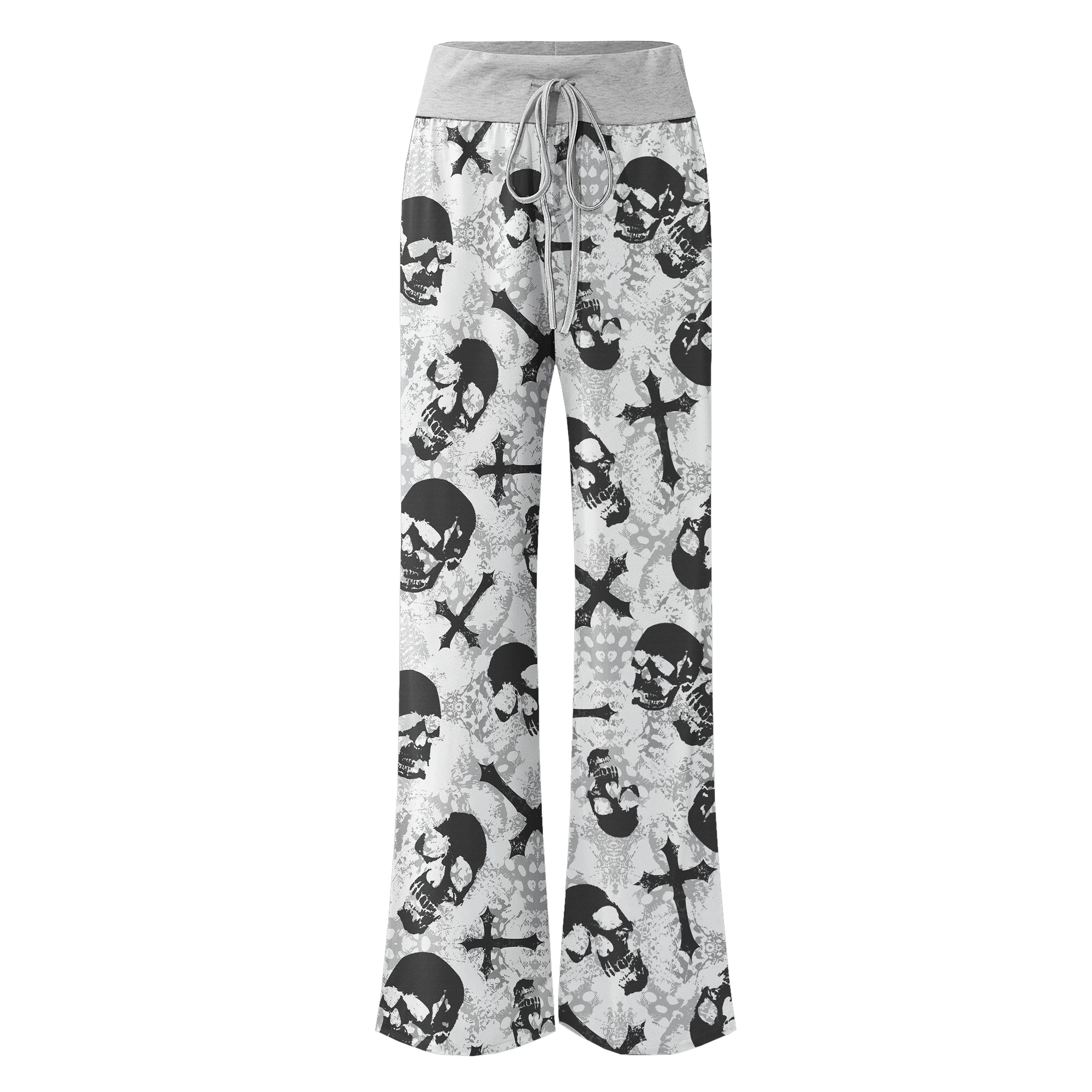 Grey Skull Cross Gothic Women's High-waisted Wide Leg Pants | Wonder Skull