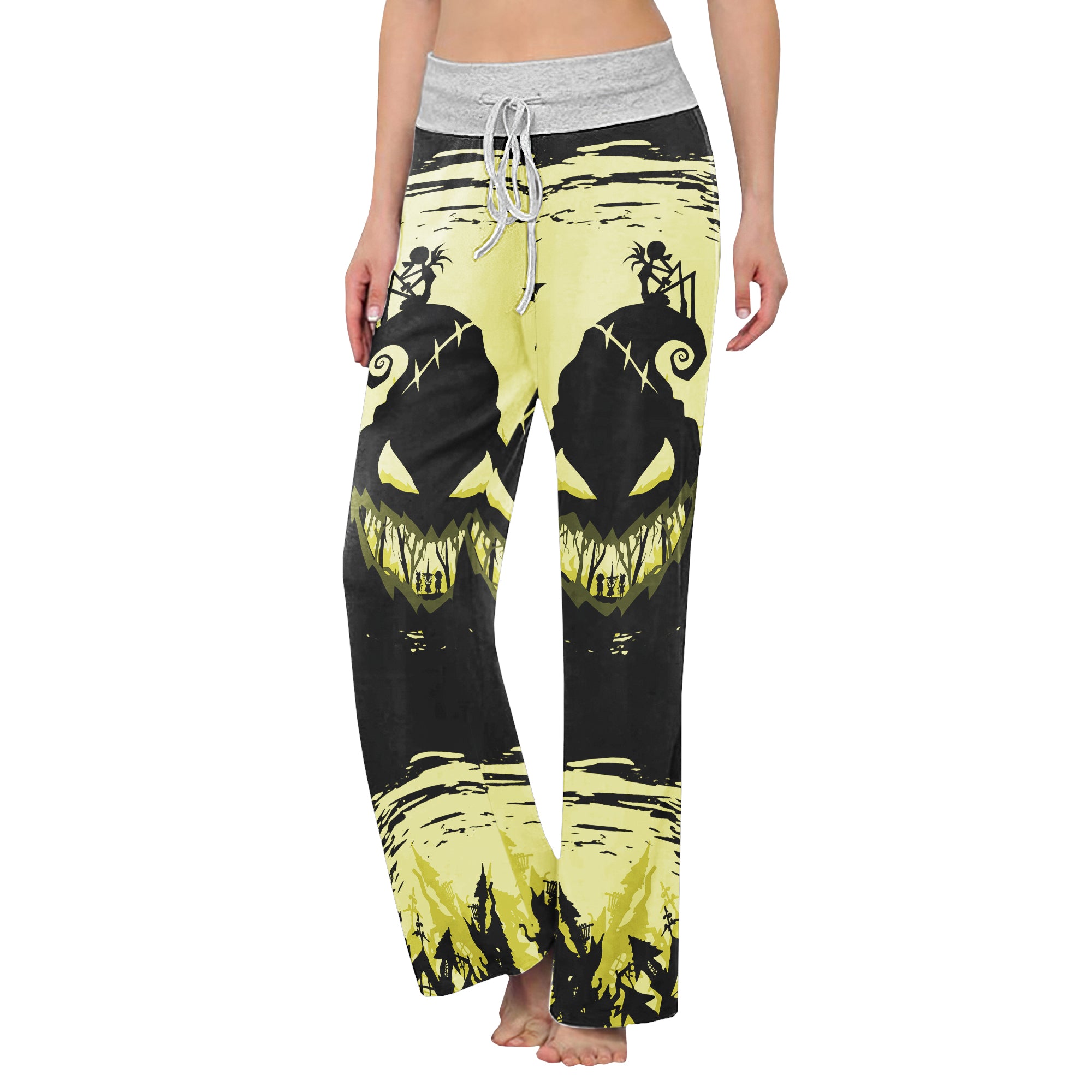Yellow Black Nightmare Theme Women's High-waisted Wide Leg Pants | Wonder Skull