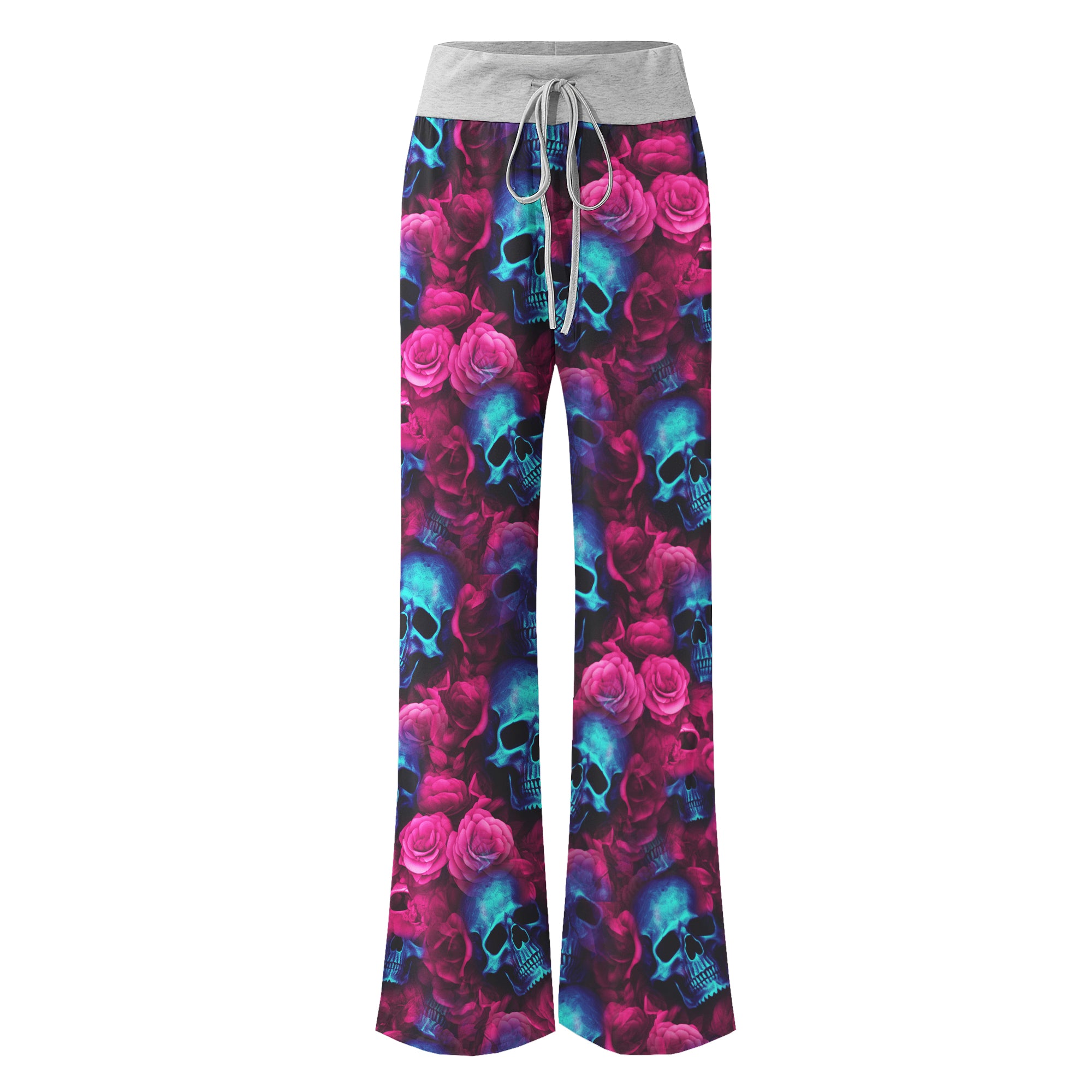 Blue Skull Rose Pink Women's High-waisted Wide Leg Pants | Wonder Skull