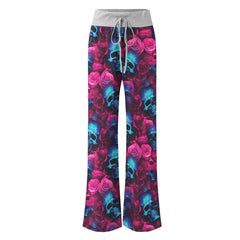 Blue Skull Rose Pink Women's High-waisted Wide Leg Pants | Wonder Skull