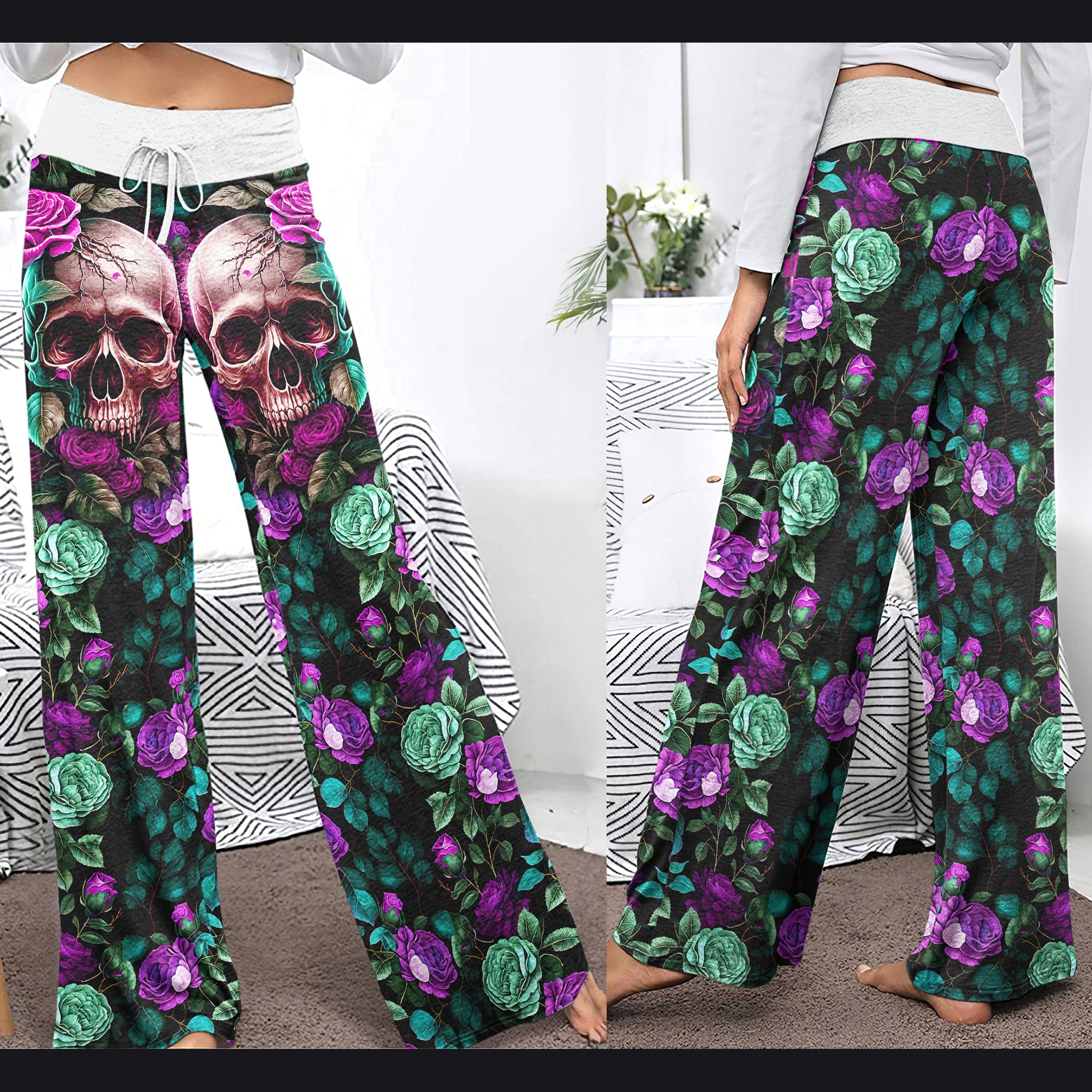Purple Skull Flower Women's High-waisted Wide Leg Pants | Wonder Skull