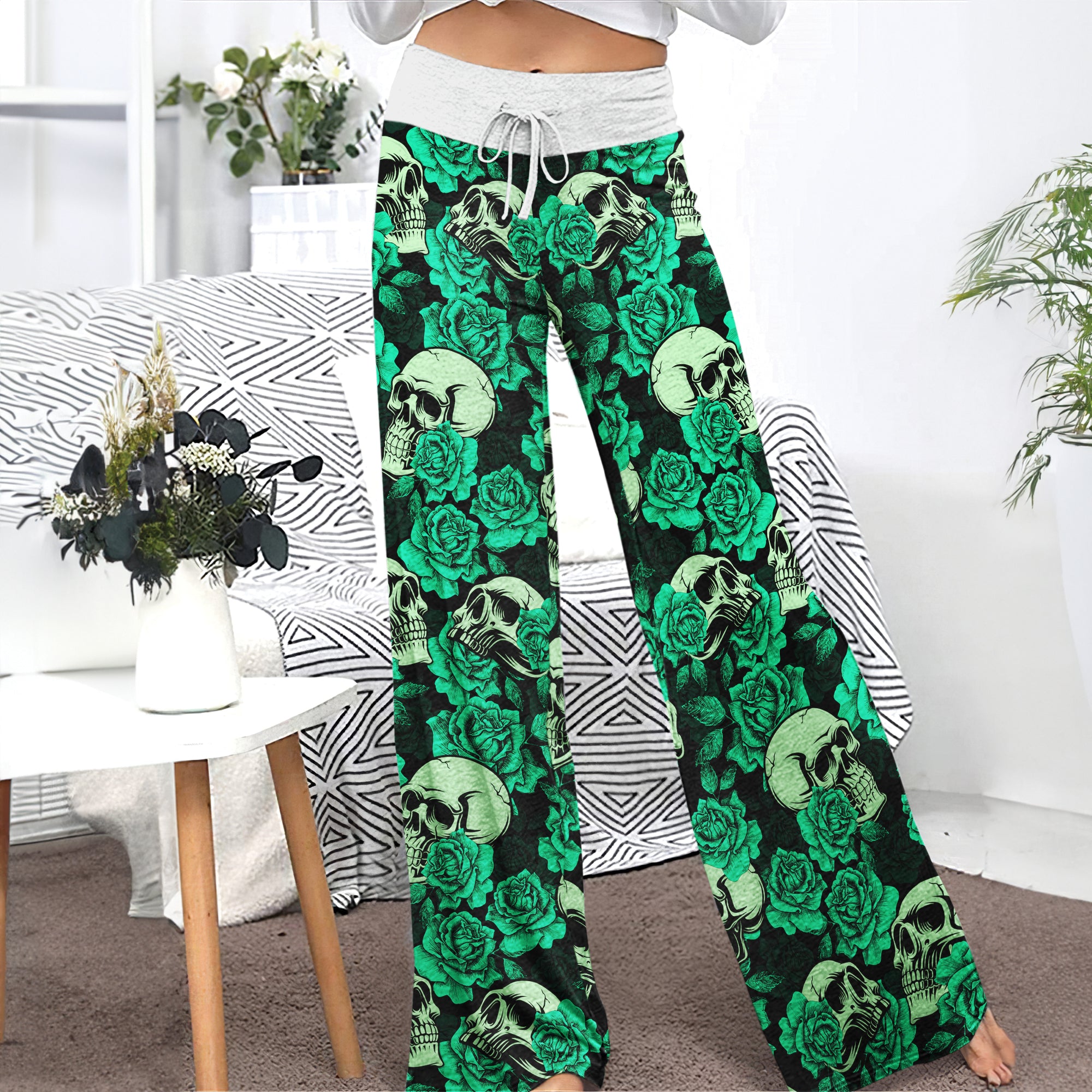 Gothic Green Pastel Skull Rose Women's High-waisted Wide Leg Pants | Wonder Skull