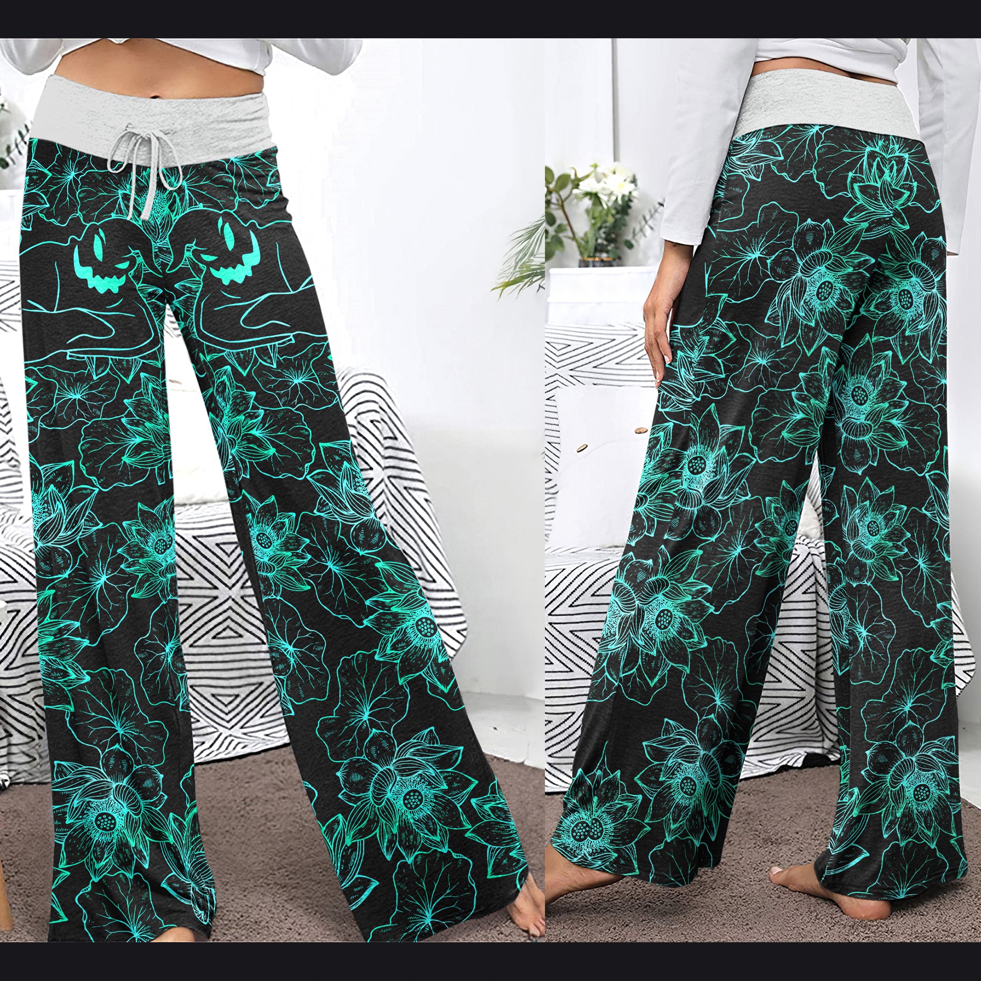 Cyan Floral Nightmare Theme Women's High-waisted Wide Leg Pants | Wonder Skull