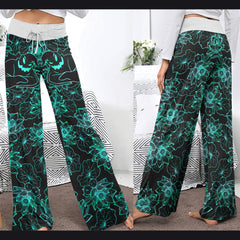 Cyan Floral Nightmare Theme Women's High-waisted Wide Leg Pants | Wonder Skull