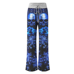 Dark Blue Skull Gothic Women's High-waisted Wide Leg Pants | Wonder Skull