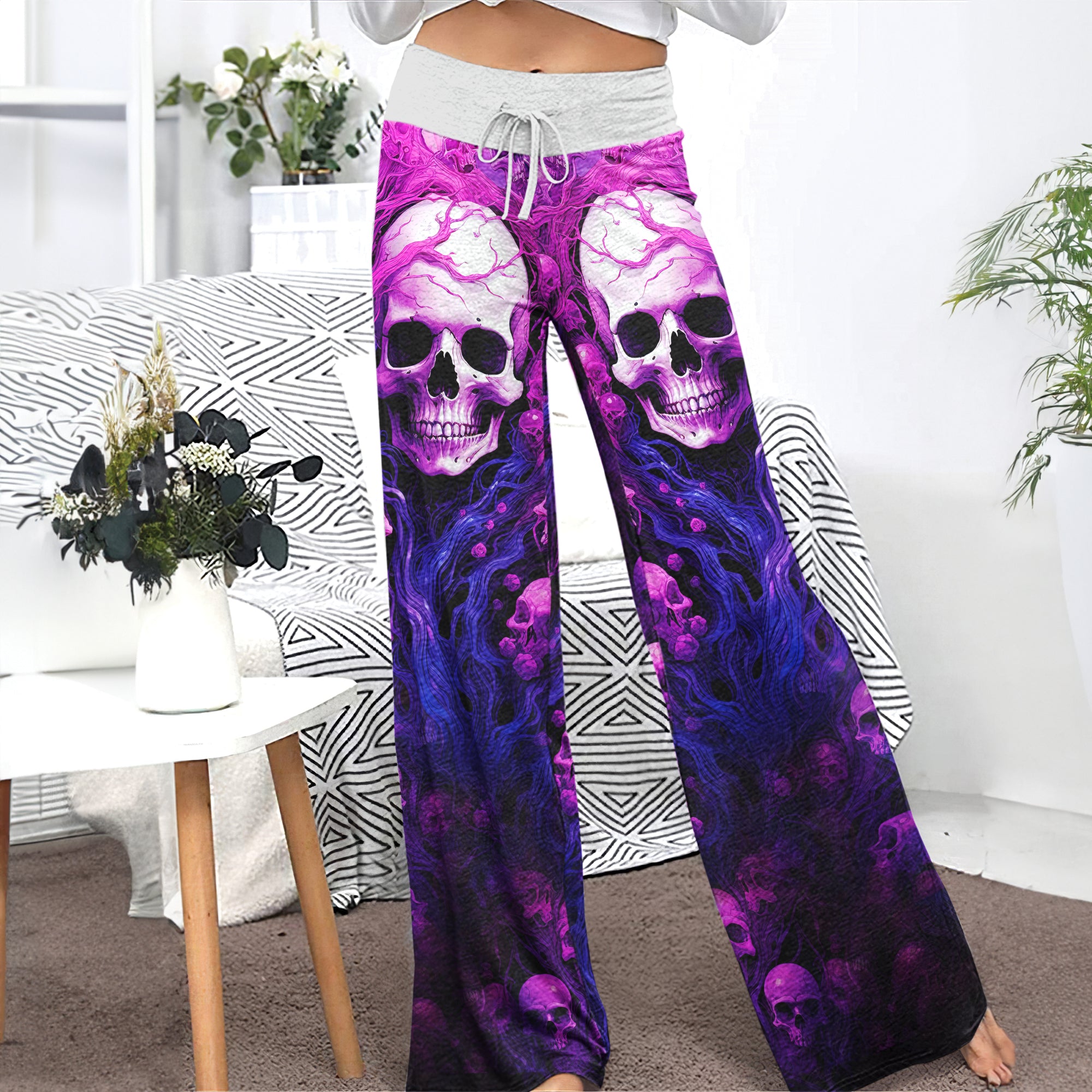 Violet Skull Root Art Women's High-waisted Wide Leg Pants | Wonder Skull