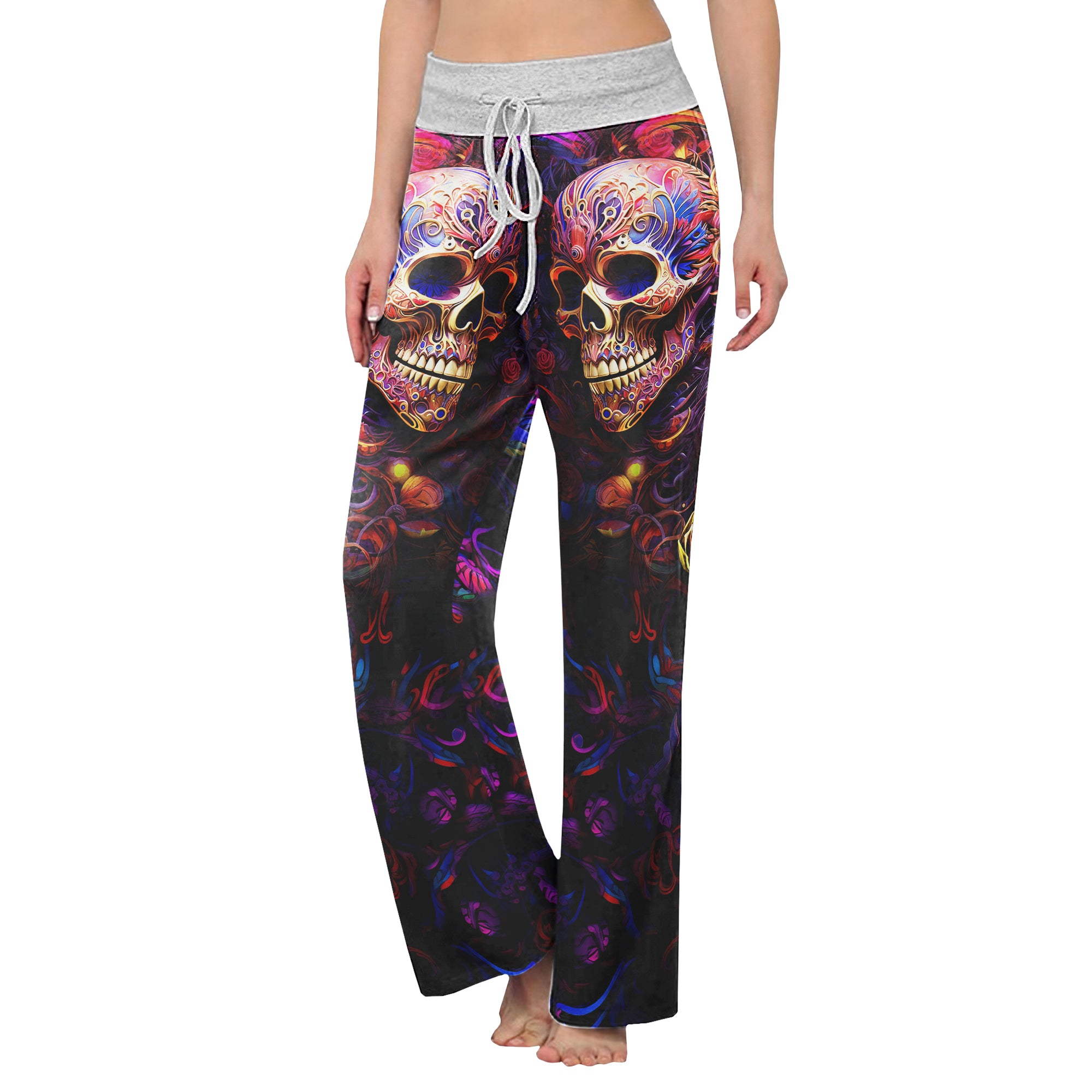 Skull Abstract Floral Art Women's High-waisted Wide Leg Pants | Wonder Skull
