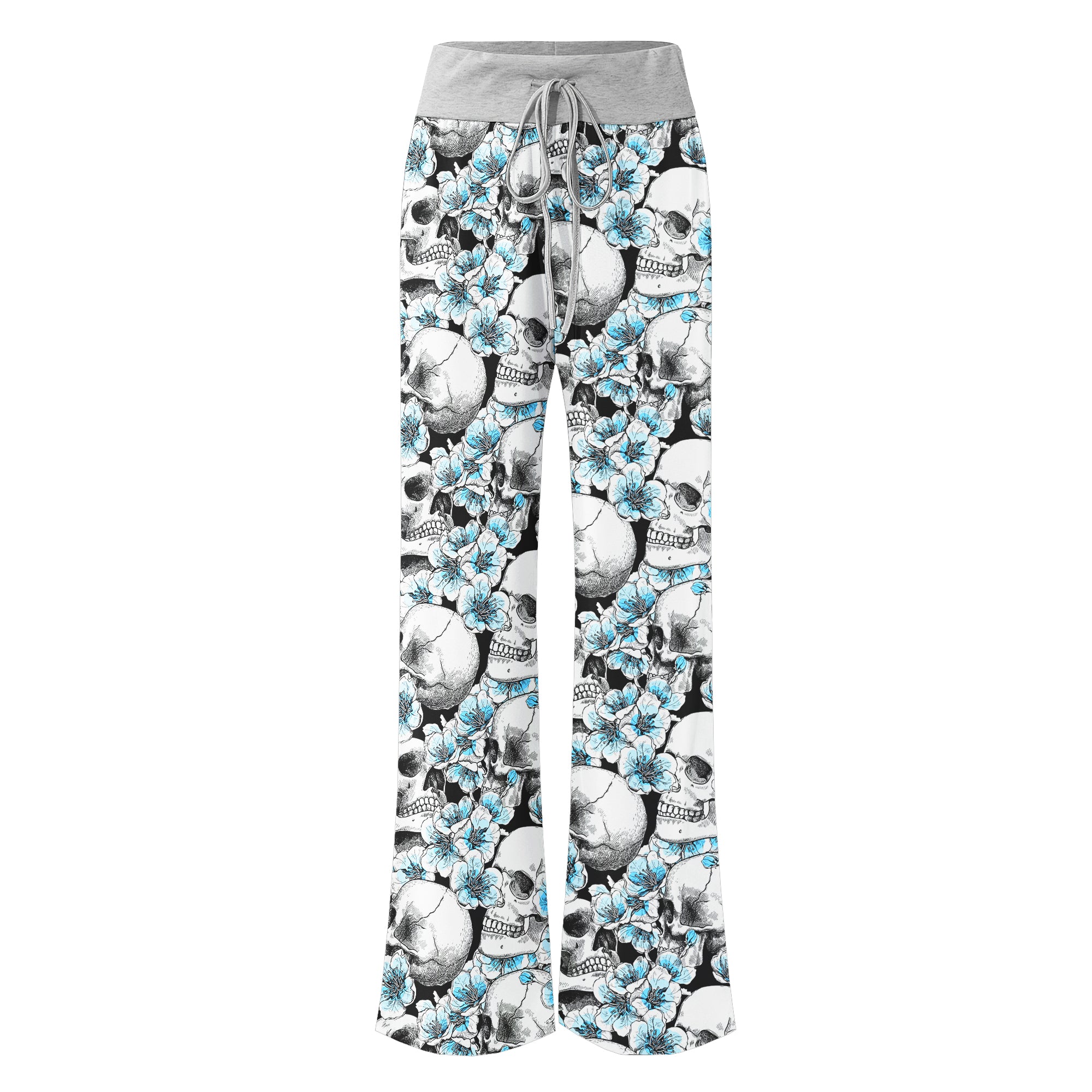 Blue Pastel Floral Skull Women's High-waisted Wide Leg Pants | Wonder Skull